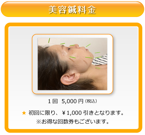 美容鍼料金：1回5,000円（税込）、★ 初回に限り、￥1,000引きとなります。※お得な回数券もございます。